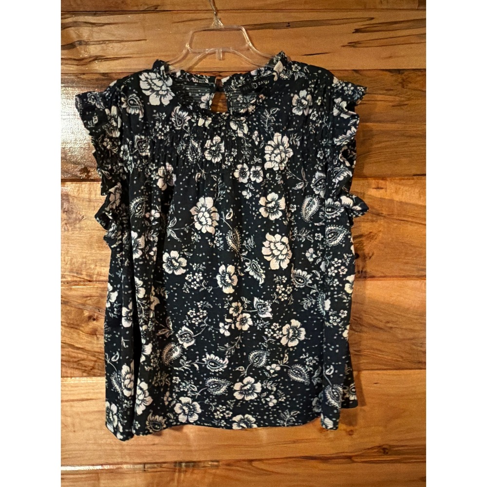 Free David black floral print polyester blouse with ruffle sleeves